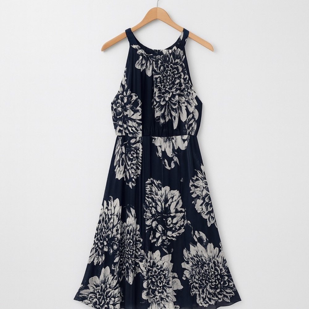 Lane Bryant Floral Halter Maxi Dress 16 Navy Blue White Pleated Summer Flowing - Picture 4 of 9